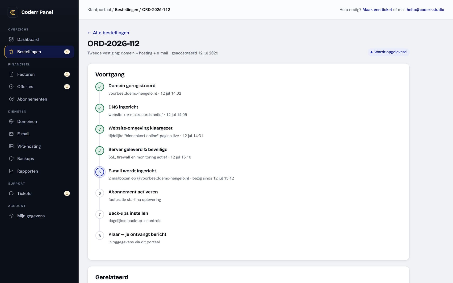 Een bestelling in het Coderr Panel met de voortgang per stap, van domein tot e-mail